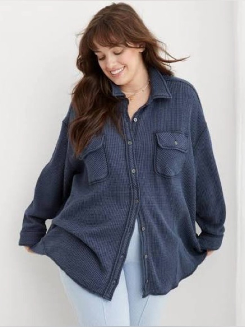 aerie Navy LumberJane Waffle-Knit Overshirt